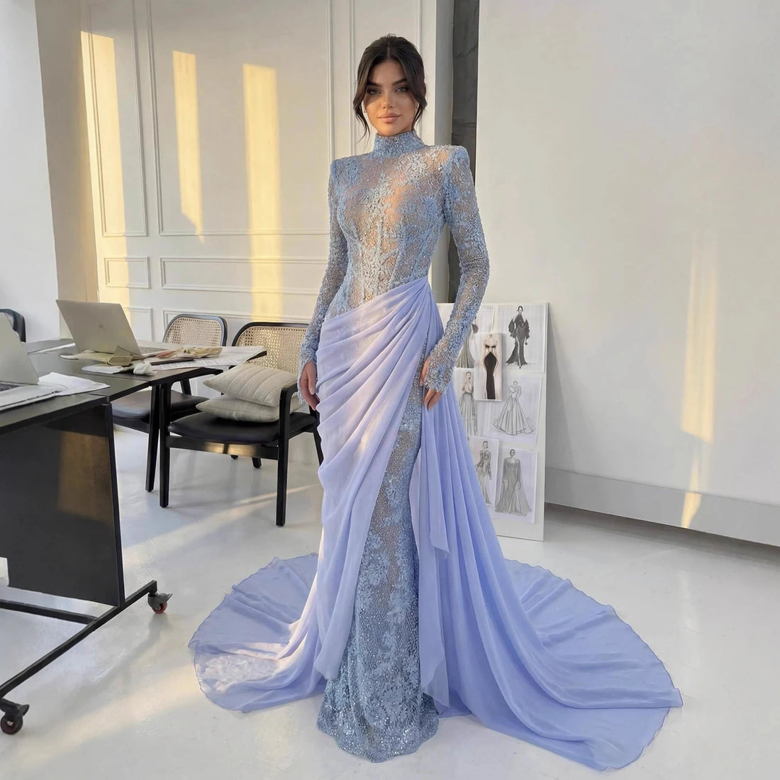 Luxury Blue High Neck Long Sleeves Beaded Mermaid Evening Dress LA73407 - SERENE HILL