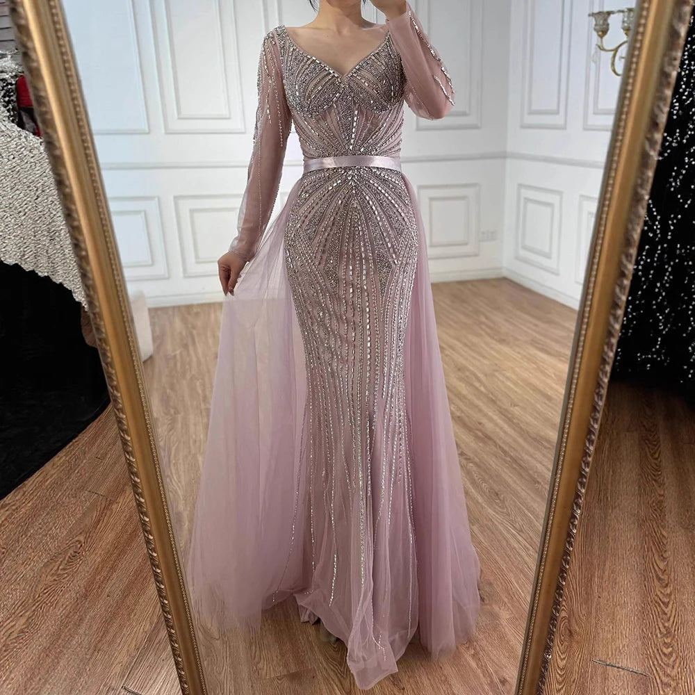 Luxury Nude Beaded Evening Dress with Detachable Overskirt LA73156 - SERENE HILL