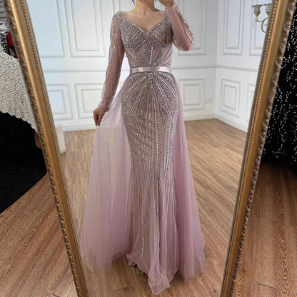 Luxury Nude Beaded Evening Dress with Detachable Overskirt LA73156 - SERENE HILL