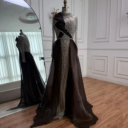 Silver Nude Beaded Long Sleeve Arabic Evening Dress LA72769A - SERENE HILL