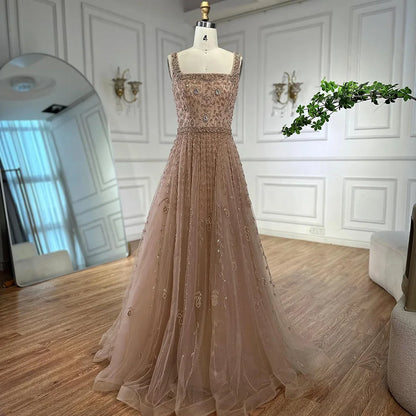 Luxury Arabic Nude Square Neck Beaded A-Line Evening Dress With Cape LA72835 - SERENE HILL
