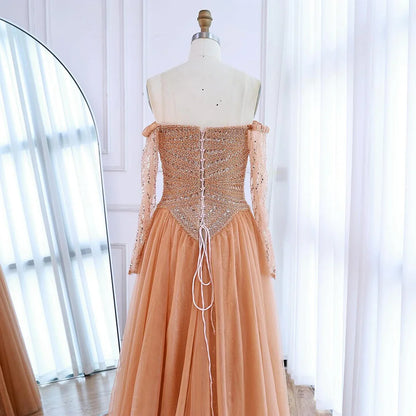 Luxury Nude Off Shoulder A-Line Beaded Evening Dress LA73038 - SERENE HILL