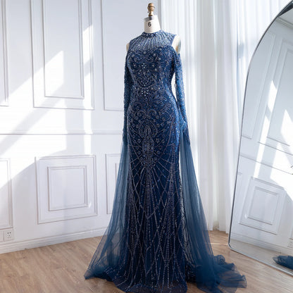 Luxury Dubai Navy Blue Beaded Lace Evening Dress with Cape Sleeves LA73323 - SERENE HILL