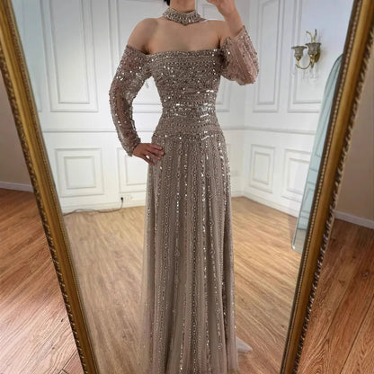 Luxury Caramel Off Shoulder Beaded Mermaid Evening Dress Long Sleeves LA73053 - SERENE HILL