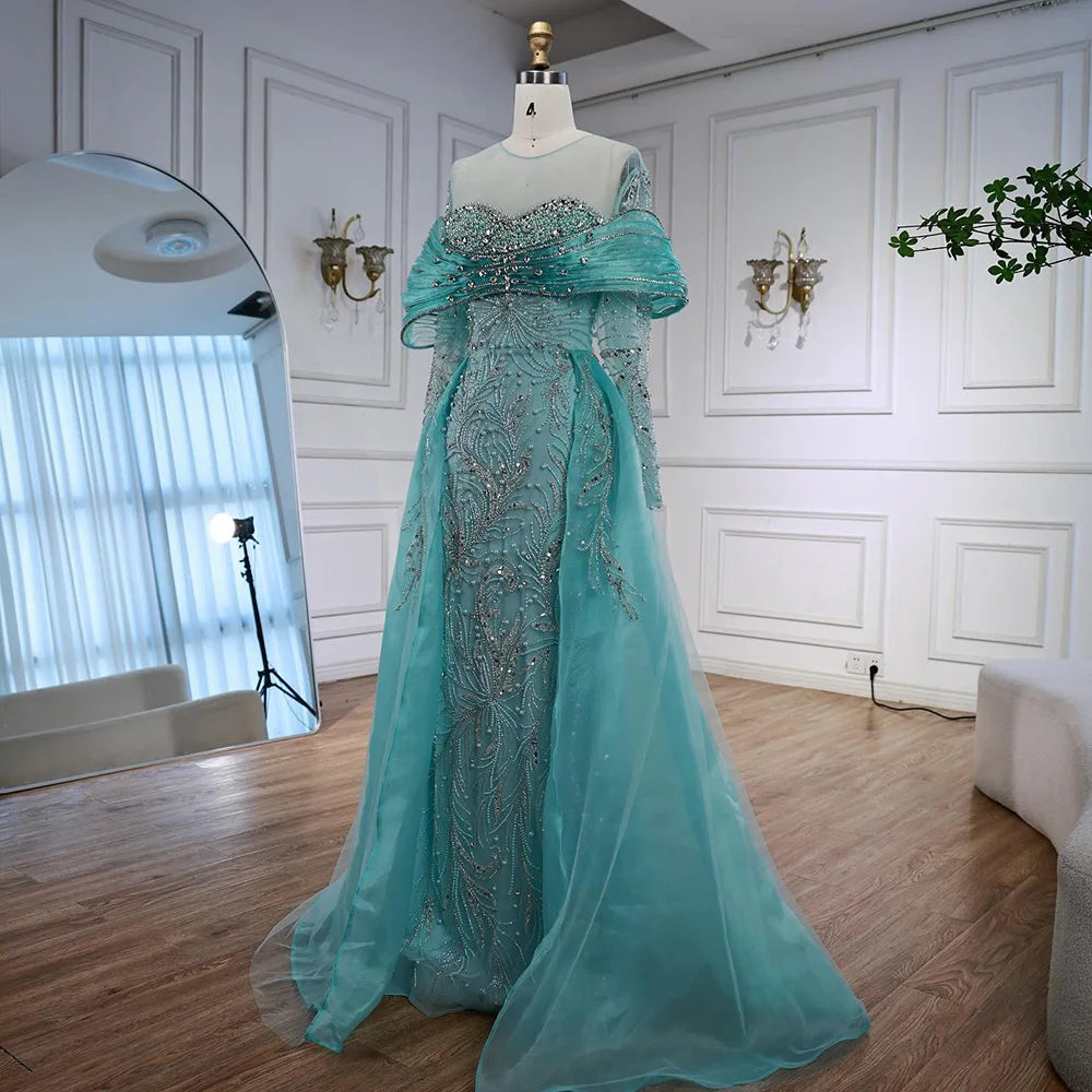 Luxury Blue Designer Evening Dress with Long Sleeves Overskirt LA72841 - SERENE HILL