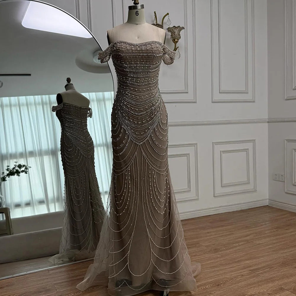 Luxury Arabic Caramel Beaded Mermaid Evening Dress with Pearls SERENE HILL LA72253C - SERENE HILL
