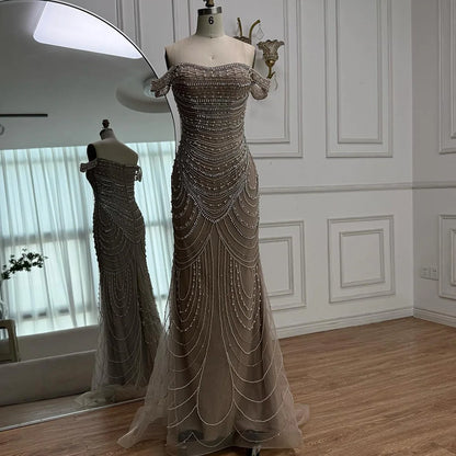 Luxury Arabic Caramel Beaded Mermaid Evening Dress with Pearls SERENE HILL LA72253C - SERENE HILL