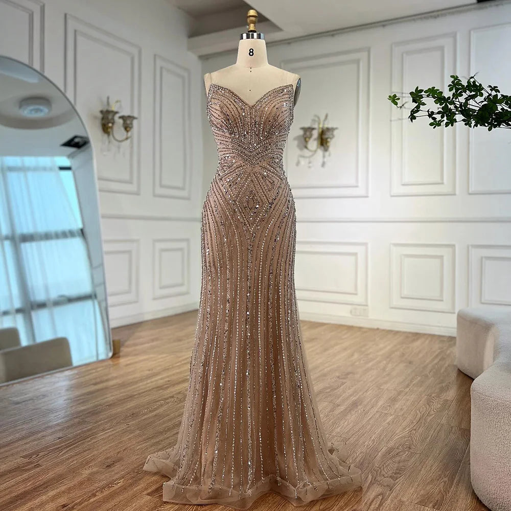 Luxury Nude V Neck Beaded Mermaid Evening Dress Sleeveless LA72981 - SERENE HILL