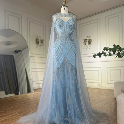 Luxury Blue Beaded Evening Gown with Detachable Cape LA72784 - SERENE HILL
