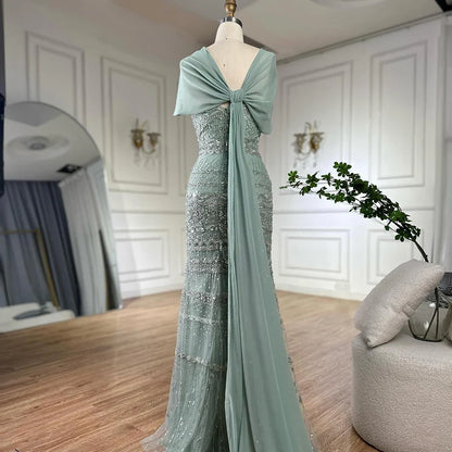 Luxury Sage Green Beaded Evening Dress with Cape LA72126B - SERENE HILL