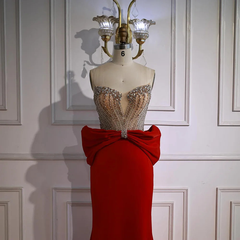 Designer Red Satin Evening Dress with Bow LA73060 - SERENE HILL