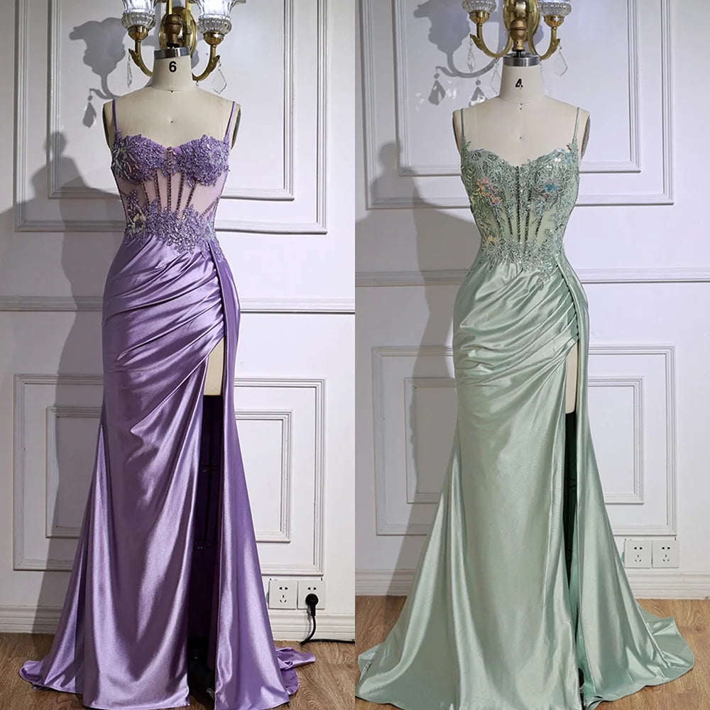 Luxury Mint Green Satin Beaded Prom Dress with Slit Spaghetti Straps –  SERENE HILL