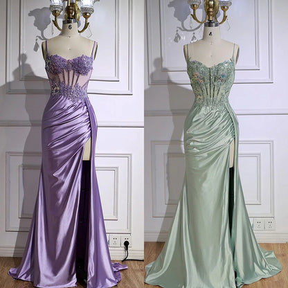 Luxury Mint Green Satin Beaded Prom Dress with Slit LA72995 - SERENE HILL