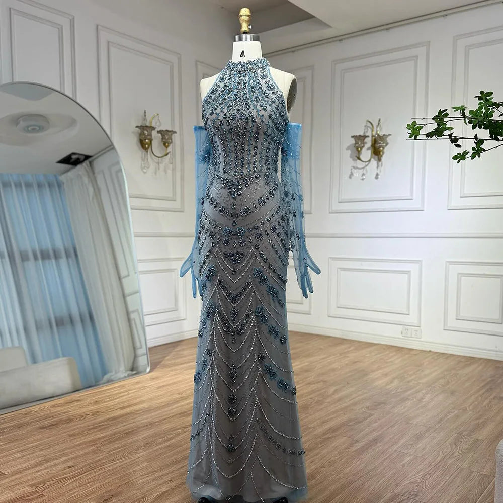 Luxury Dubai Arabic Blue Beaded Evening Dress with Gloves LA72760A - SERENE HILL