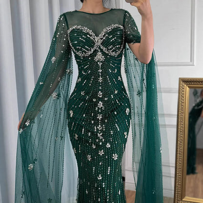 Luxury Green Beaded Mermaid Dress with Cape Sleeves LA73115 - SERENE HILL