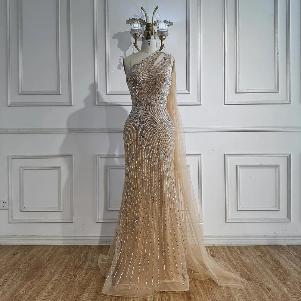 Luxury Black One Shoulder Mermaid Evening Dress with High Slit LA72829 - SERENE HILL
