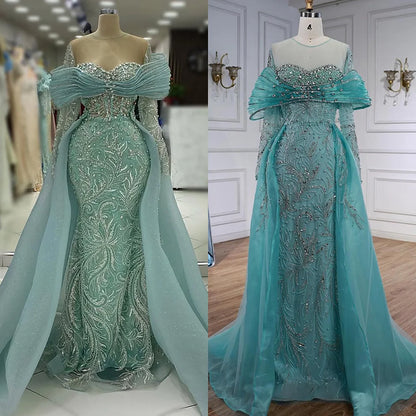 Luxury Blue Designer Evening Dress with Long Sleeves Overskirt LA72841 - SERENE HILL