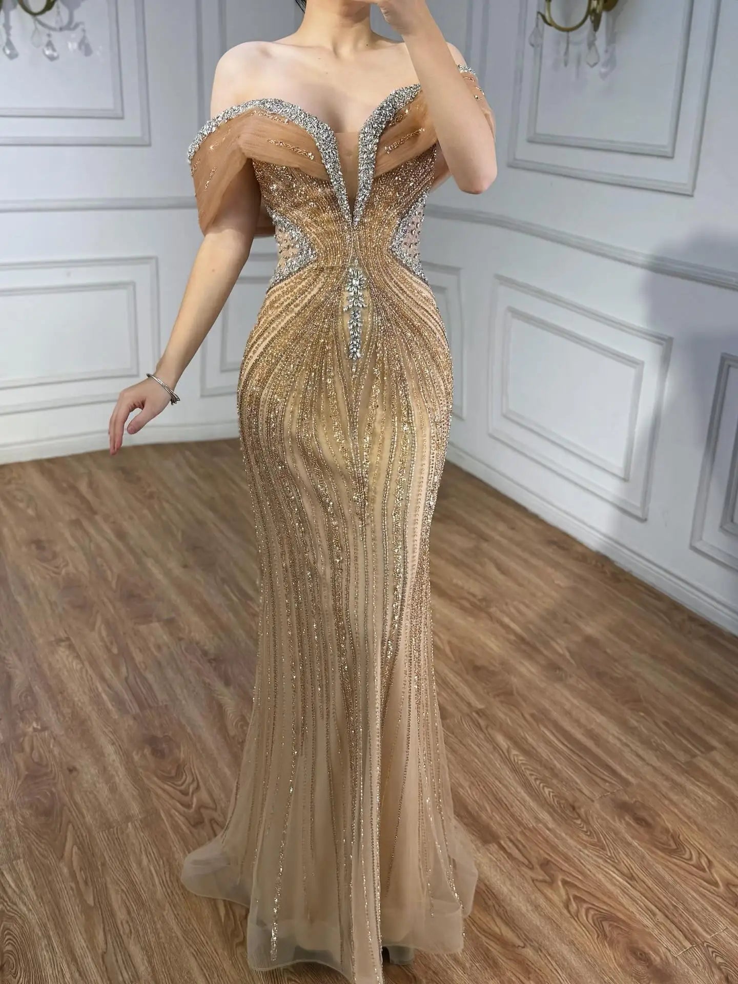Luxury Saudi Arabic Gold Luxury Crystal Beaded Mermaid Evening Dress LA73142A - SERENE HILL