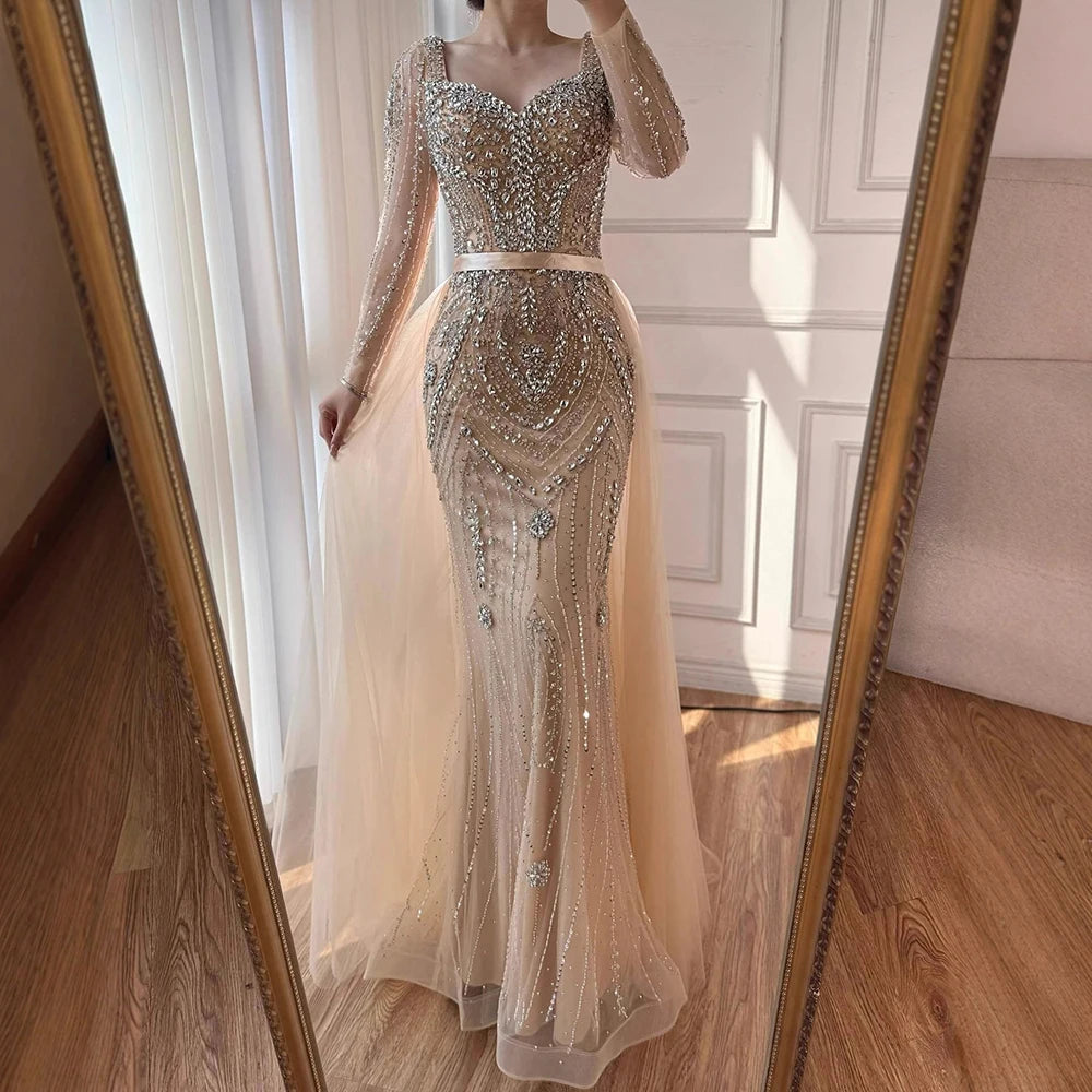 Luxury Nude Beaded Mermaid Evening Dress with Overskirt LA73190 - SERENE HILL