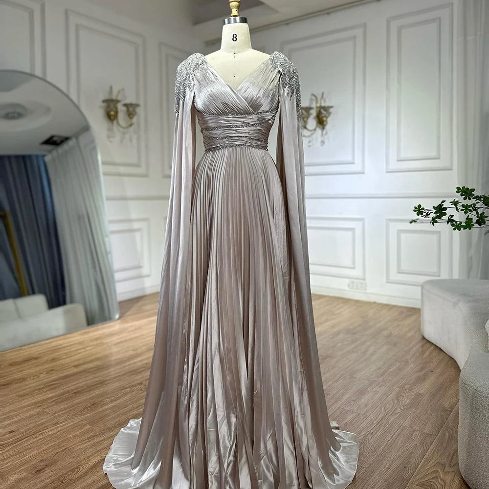 Rose Gold Beaded Satin A-Line Evening Dress with Cape Sleeves LA72663 –  SERENE HILL
