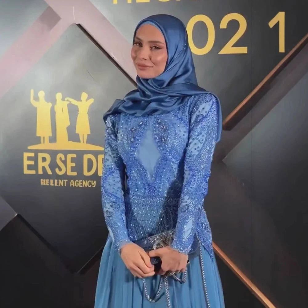 Luxury Designer Blue Beaded Evening Dress with Long Sleeves LA72962 - SERENE HILL