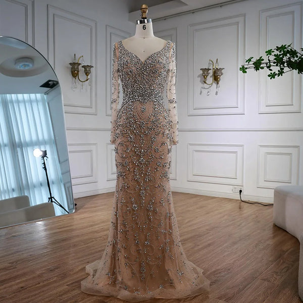 Luxury Nude Beaded Crystal Evening Dress with Long Sleeves LA73042