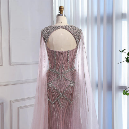 Luxury Dubai Pink Beaded Evening Dress With Cape LA73329 - SERENE HILL