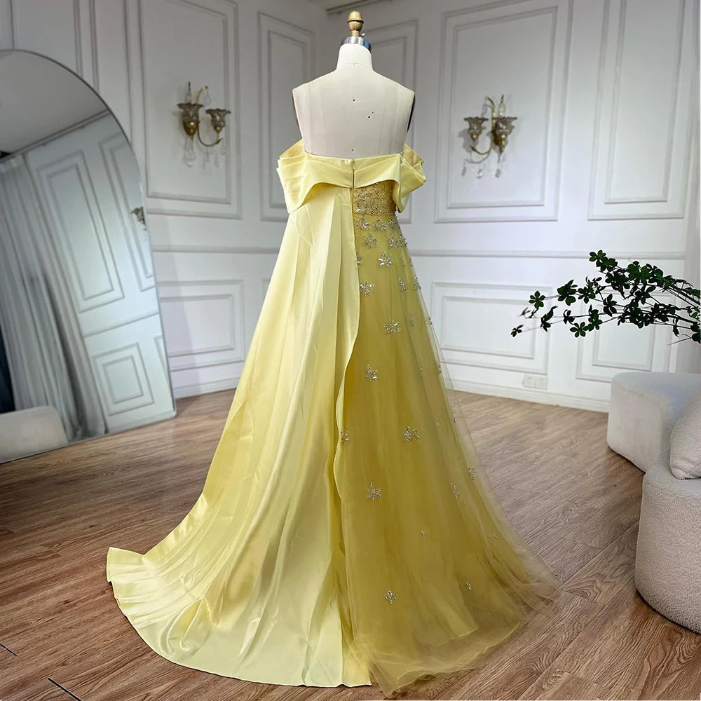 Serene Hill Luxury Dubai Arabic Yellow Elegant Boat Neck Long Evening Dress Beaded Party Gown for Women&