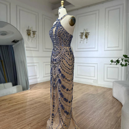 Luxury Blue Halter Crystal Beaded Evening Dress LA72760 - SERENE HILL