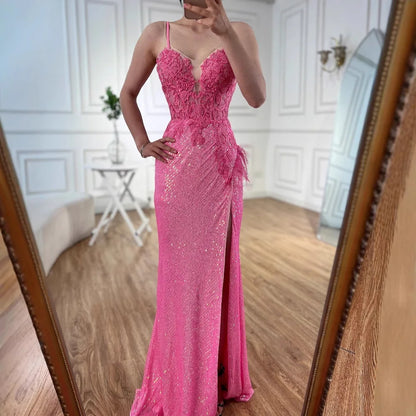 Luxury Pink Feather Beaded Mermaid Prom Dress with Slit LA72987 - SERENE HILL