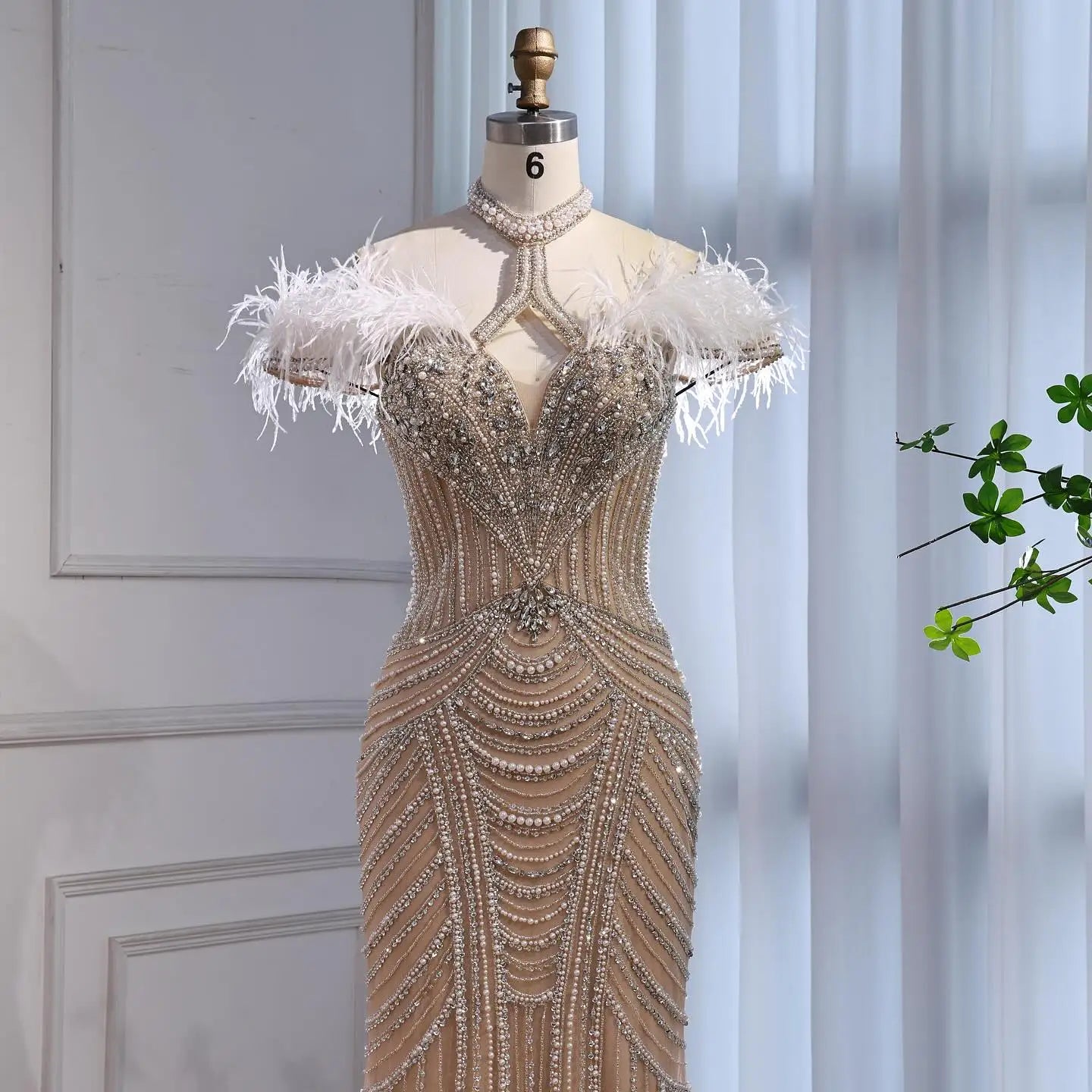 Luxury Pink Feather Halter Beaded Evening Gown for Wedding Party LA73212 - SERENE HILL