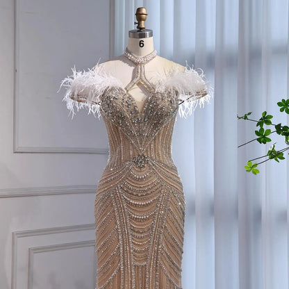Luxury Pink Feather Halter Beaded Evening Gown for Wedding Party LA73212 - SERENE HILL