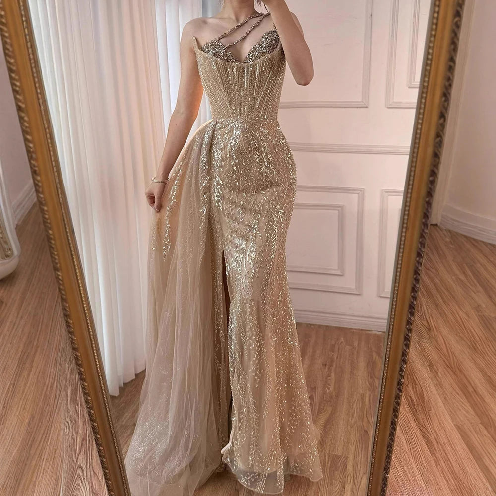 Luxury Nude Crystal Beaded One-Shoulder Evening Dress with Overskirt LA73161 - SERENE HILL