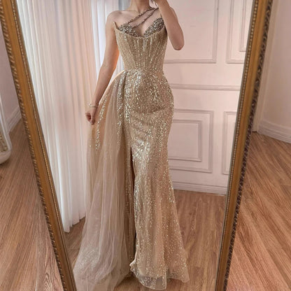 Luxury Nude Crystal Beaded One-Shoulder Evening Dress with Overskirt LA73161 - SERENE HILL