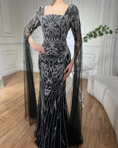 Luxury Dubai Arabic Nued Cape Sleeves Mermaid Saudi Evening Dresses Beaded Luxury Party Gowns for Formal Occasion LA72261B - SERENE HILL