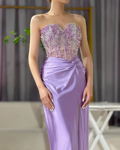 Serene Hill Luxury Dubai Lilac Split Mermaid Beaded Arabic Evening Dresses Gowns for Women Wedding Party 2025 LA72329 - SERENE HILL
