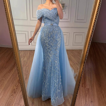 Luxury Arabic Blue One Shoulder Mermaid Evening Dress LA73378A - SERENE HILL