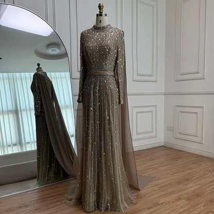 Modest Luxury Caramel Beaded Long Sleeve Evening Dress LA72569A - SERENE HILL