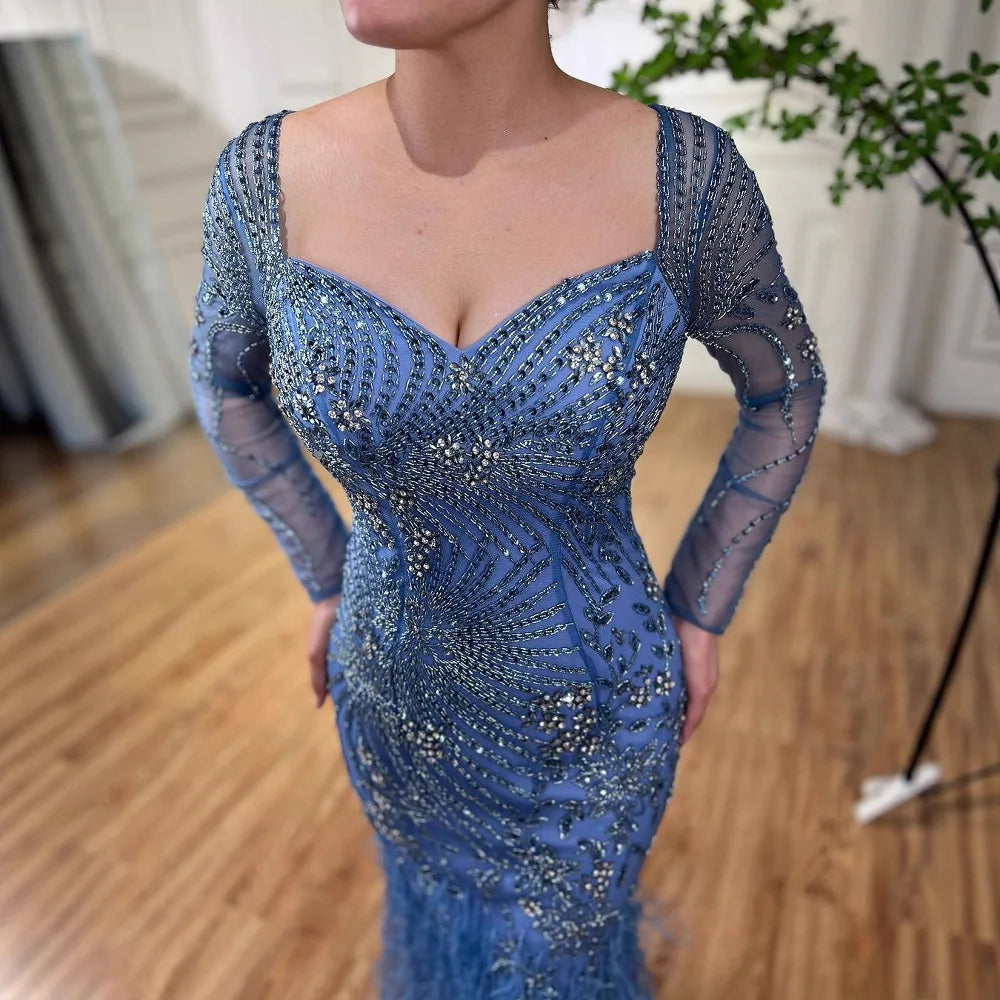 Arabic Blue Feather Beaded Mermaid Evening Dress for Women LA71818 - SERENE HILL