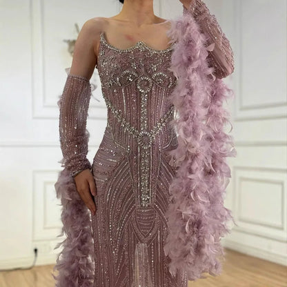 Luxury Caramel Beaded Evening Dress with Feather Sleeves LA73055 - SERENE HILL