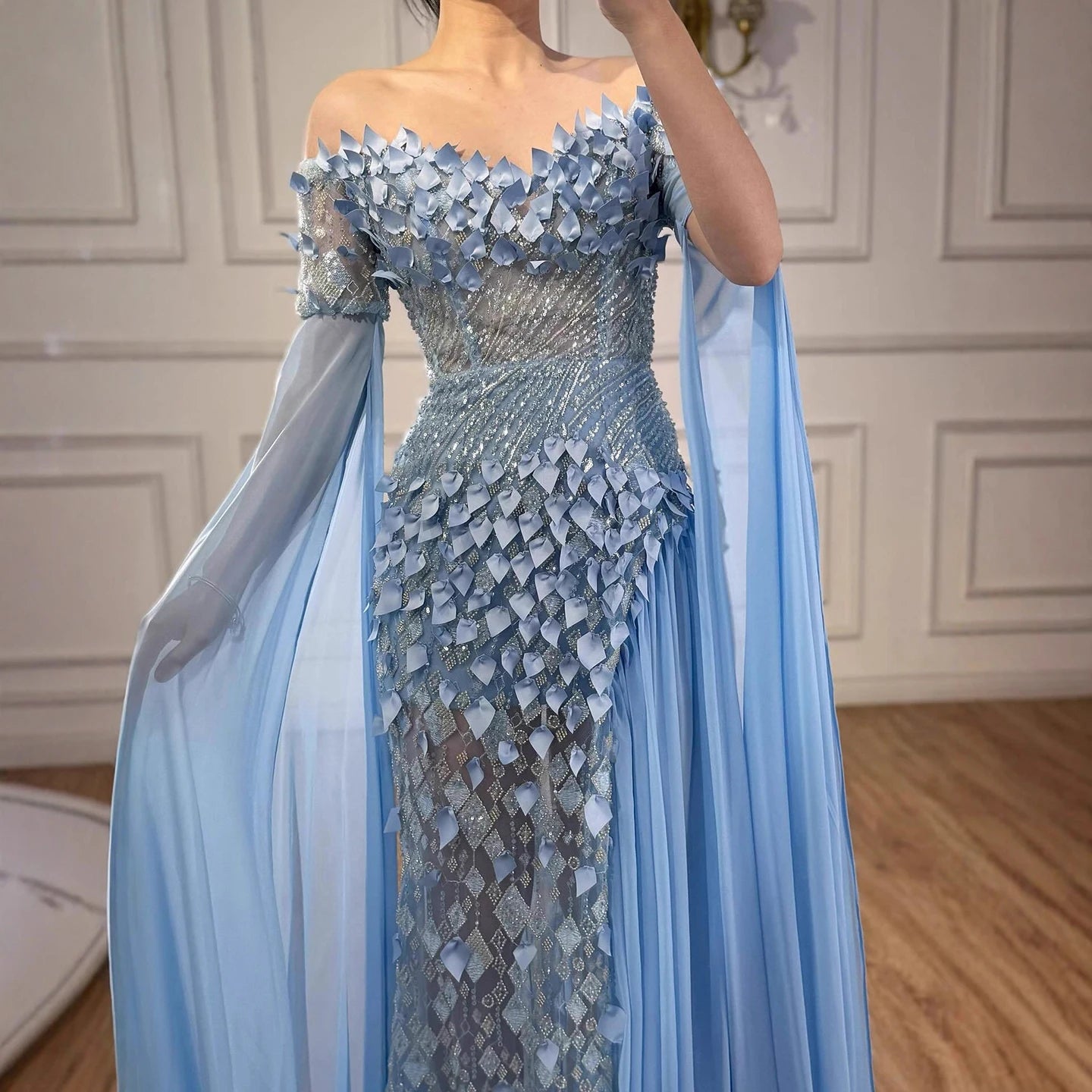 Luxury Dubai Blue 3D Flower Evening Dress With Cape LA73381 - SERENE HILL
