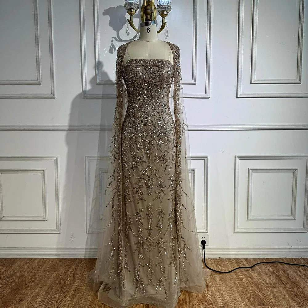 Luxury White Dubai Arabia Beading Evening Dress With Cape LA72870 - SERENE HILL