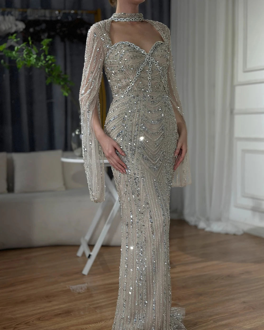 Serene Hill Luxury Dubai Nude Sweetheart Mermaid Beaded Evening Gowns with Back Split for Women&