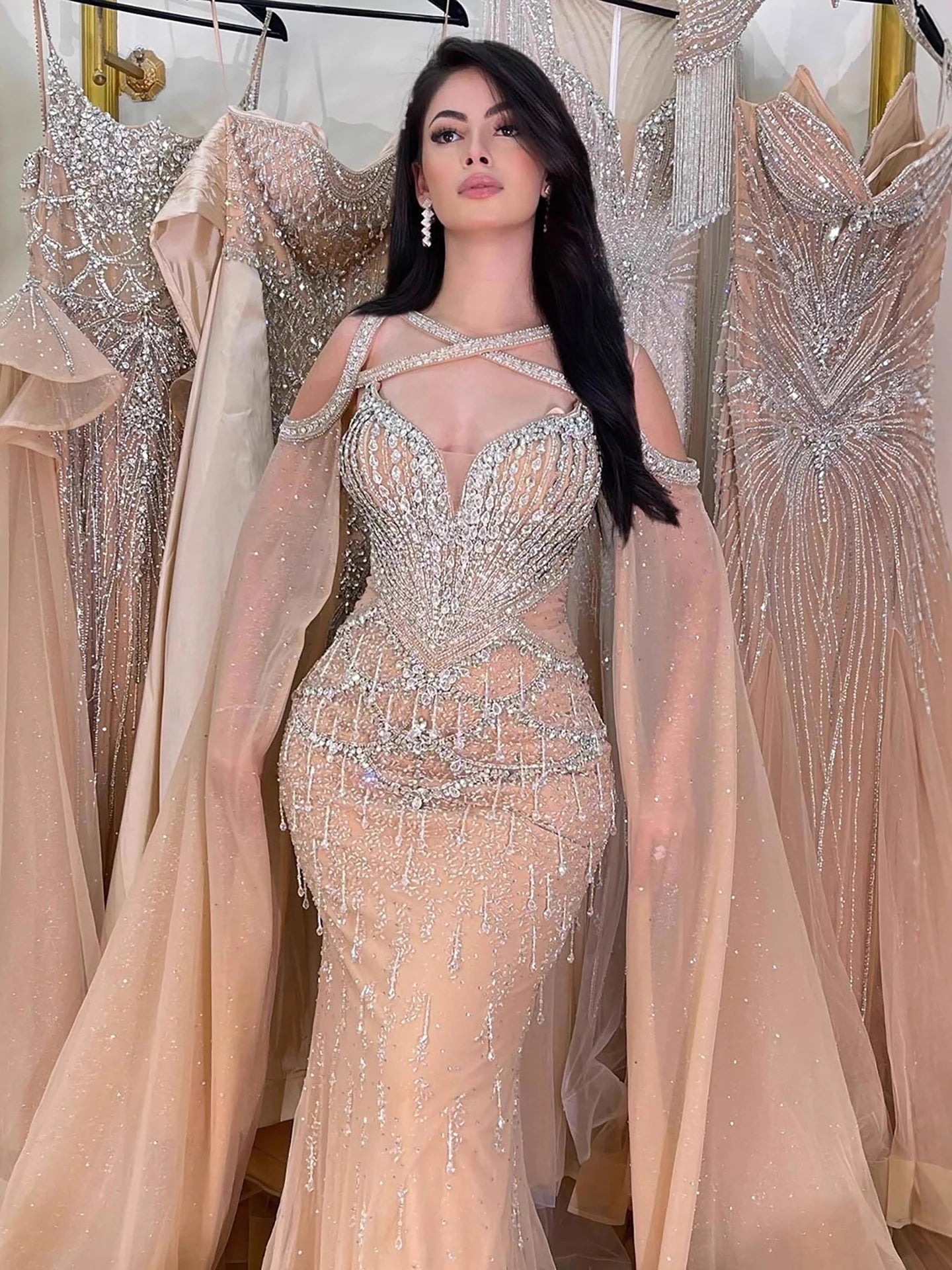 Luxury Nude Cape Sleeves Beaded Crystal Evening Dress LA72806 - SERENE HILL