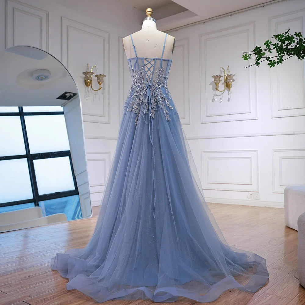 Luxury Gray Tulle A Line Prom Dress with Floral Appliques LA73015 - SERENE HILL