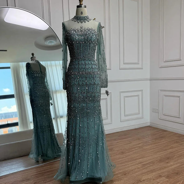 Luxury Arabic Turquoise Beaded Mermaid Evening Dress Long Sleeve LA72714C
