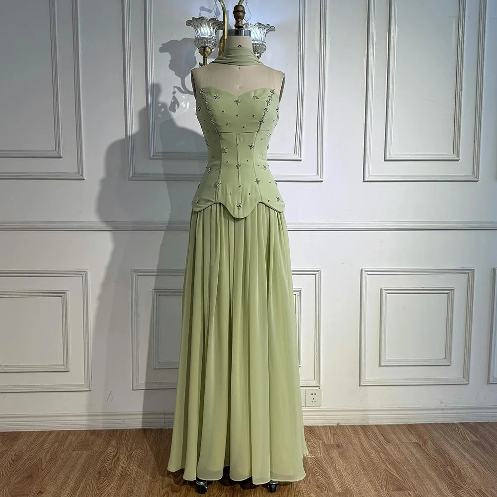 Classy Sage Green Strapless A-Line Chiffon Evening Dress LA73073  SERENE  HILL