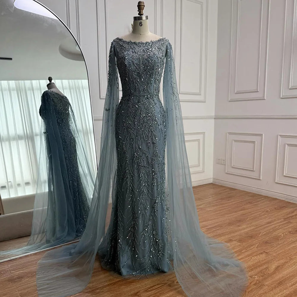 Luxury Caramel Beaded Evening Dress with Cape Sleeves LA73078 - SERENE HILL