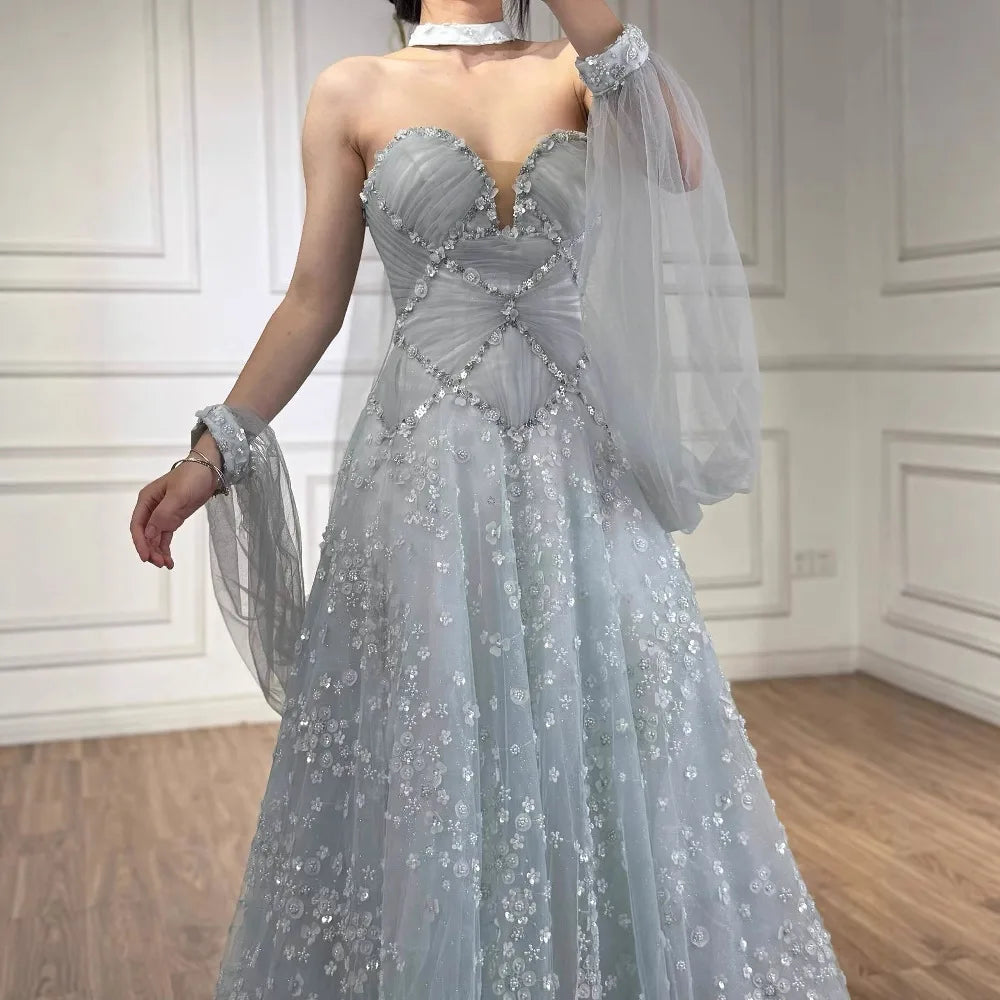 Luxury Dubai Arabic Light Blue Dreamy A-Line Evening Dress LA73099 - SERENE HILL