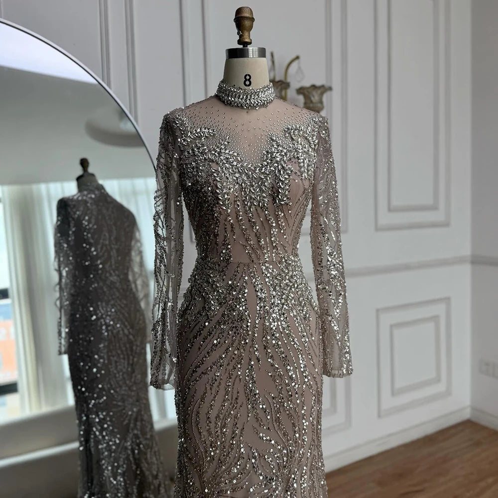 Luxury Silver Nude Beaded Mermaid Evening Dress LA73083 - SERENE HILL